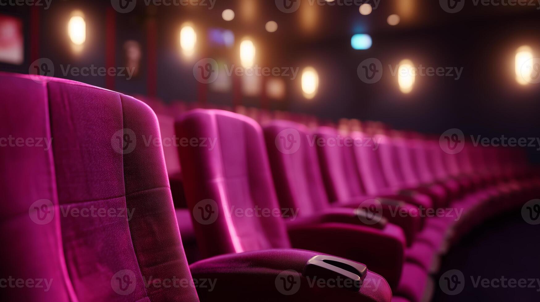 Plush seating in a modern cinema showcasing vibrant purple hues with dim lighting for an intimate experience photo