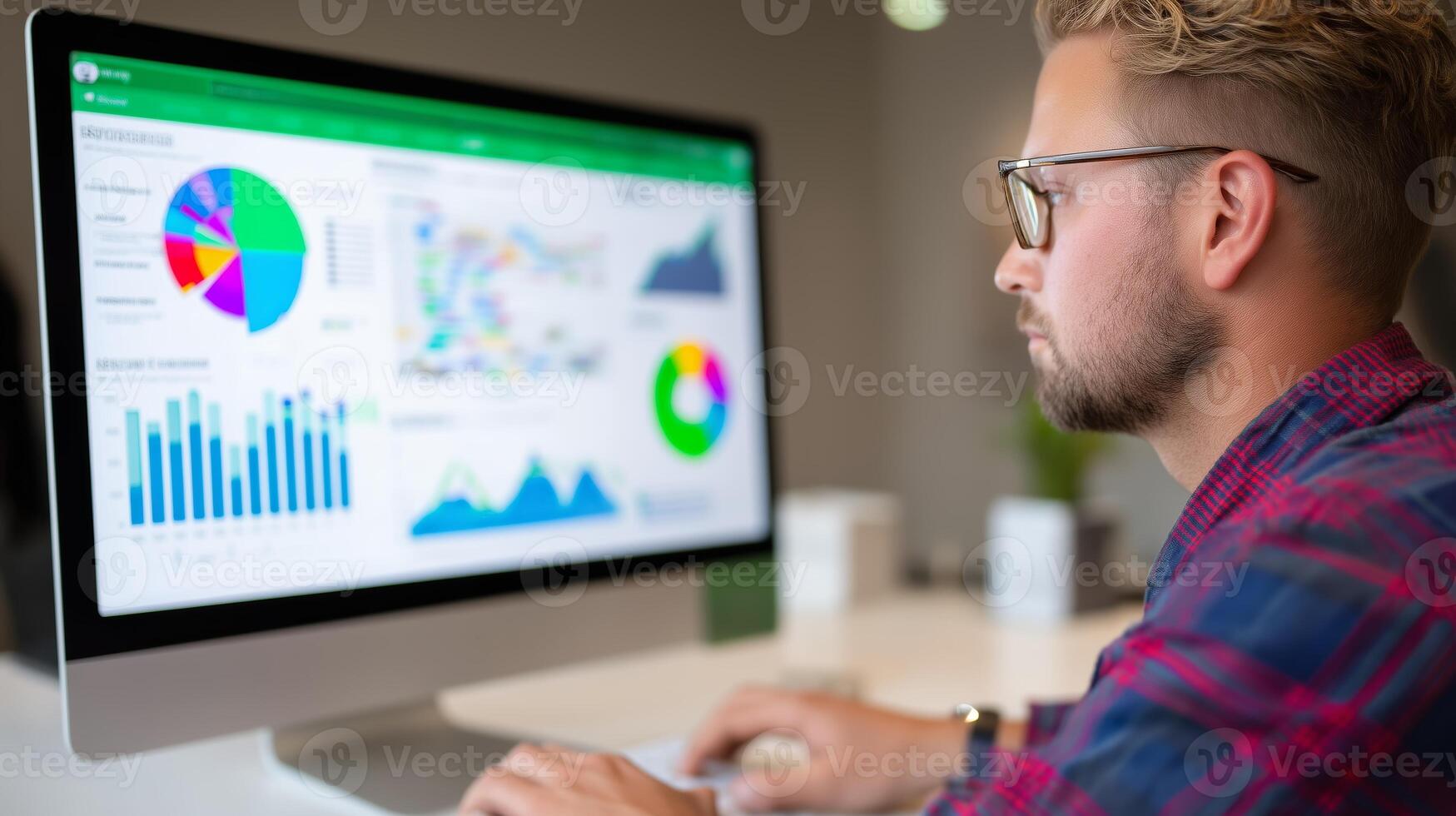 Working on data analysis and visualization at a modern office in the afternoon photo