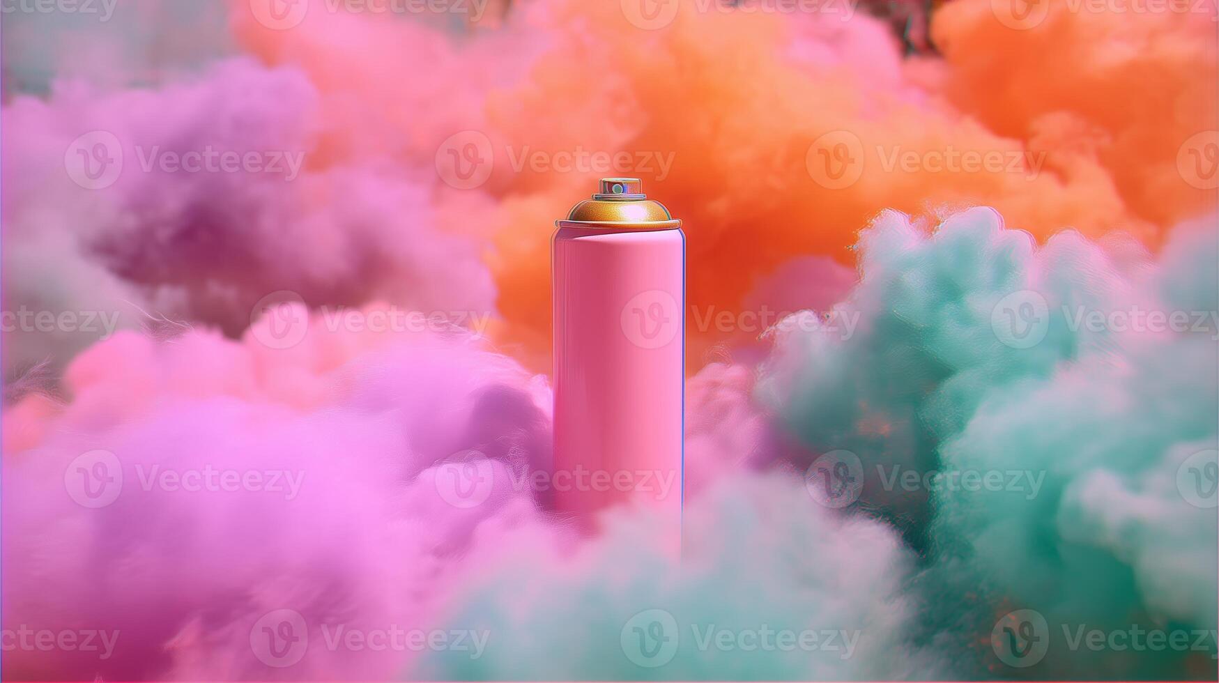 Vibrant spray can surrounded by colorful clouds of smoke in a dynamic urban art setting at dusk photo