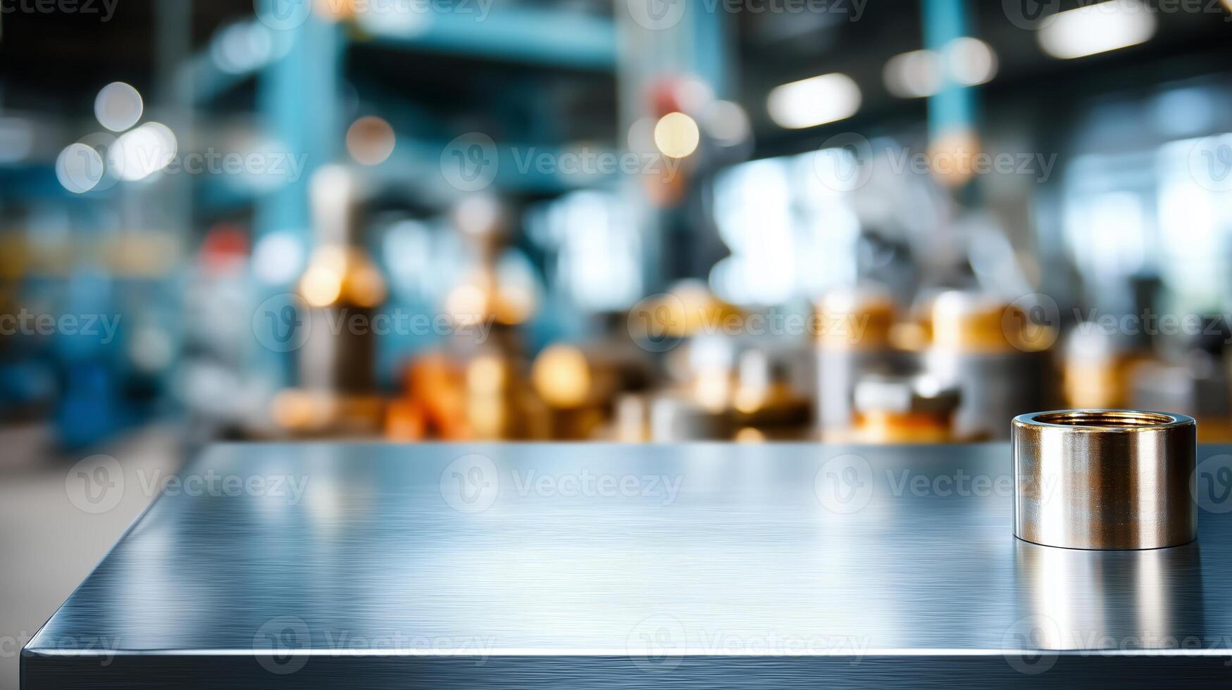 Industrial workspace showing precision metal work on a sleek surface with blurred equipment in the background photo