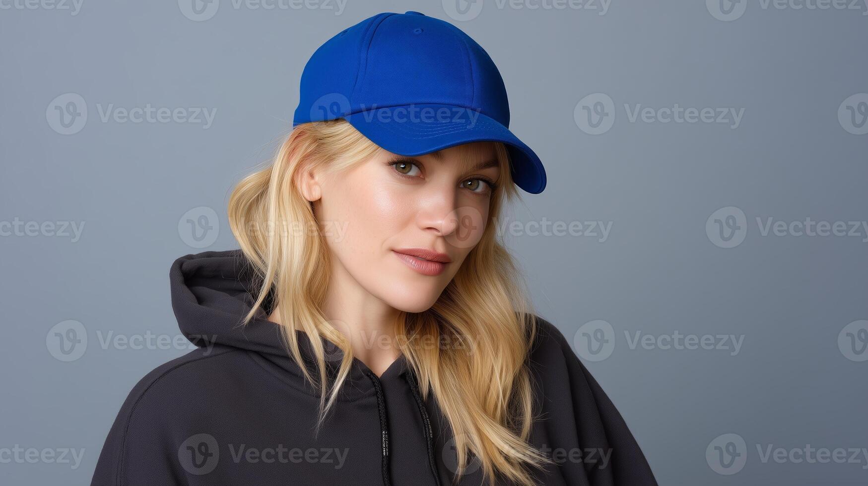 Young woman wearing blue cap and black hoodie poses against a gray background with a confident expression photo