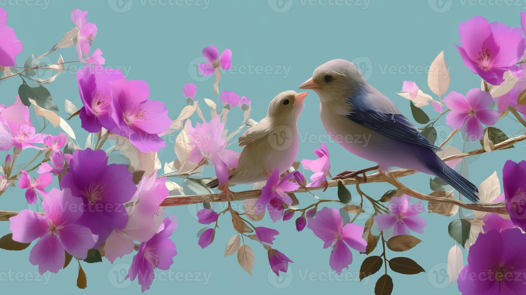 Colorful birds perched on a blooming branch filled with vibrant flowers during a sunny day in springtime photo