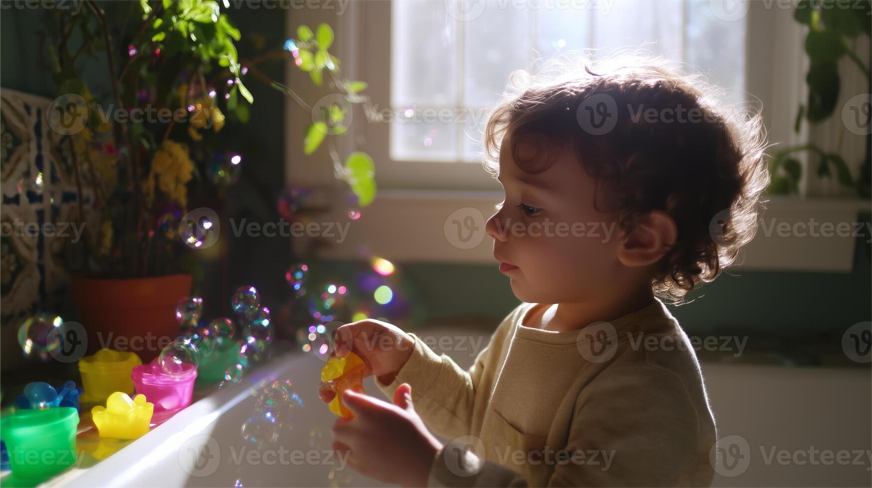 Child plays with colorful toys and bubbles in a sunlit bathroom during afternoon hours photo