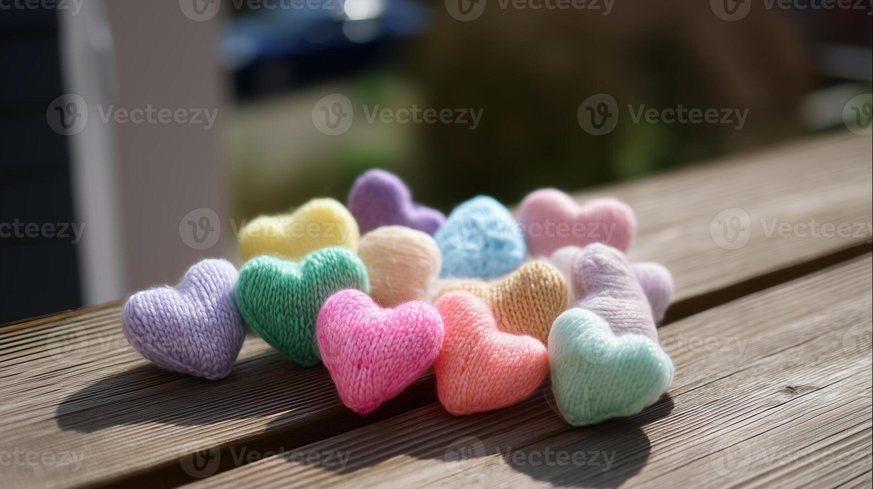 Colorful knitted hearts displayed on a wooden surface in sunlight, creating a warm and inviting atmosphere photo