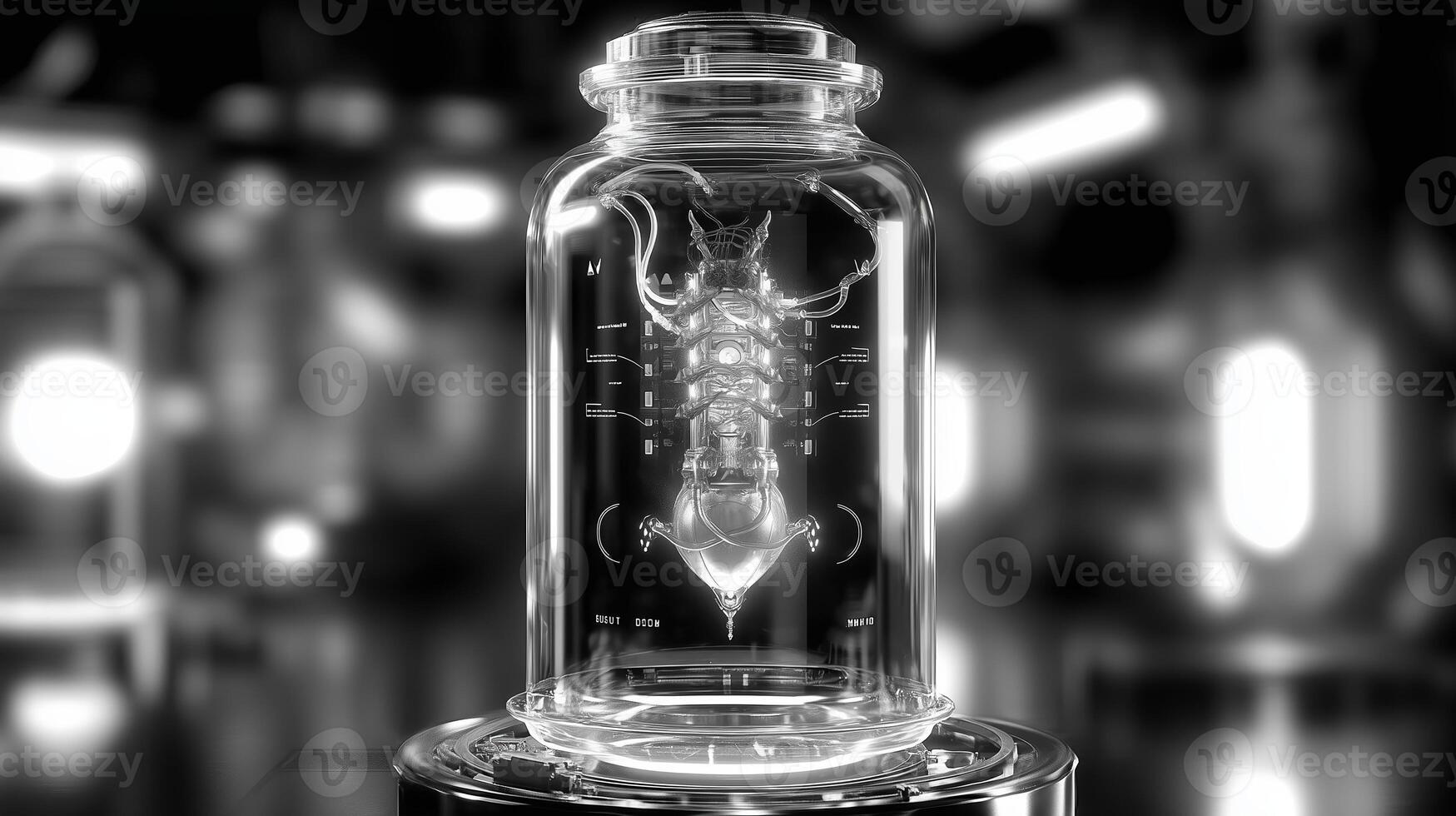 Insect specimen preserved in a glass jar with digital interface elements displayed in a laboratory setting photo