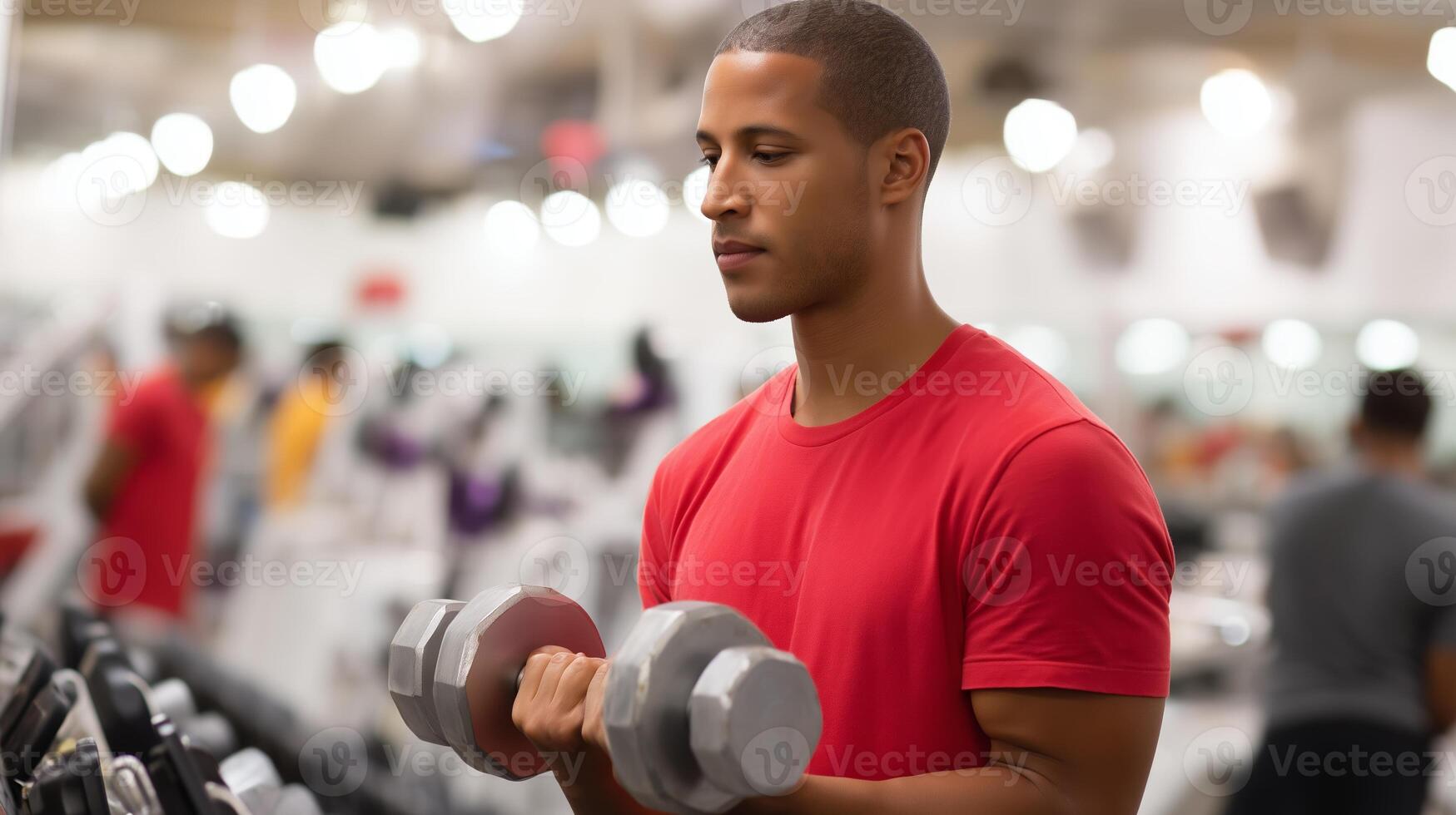 Man lifting weights at a gym during the afternoon with a focused expression while working on strength training photo