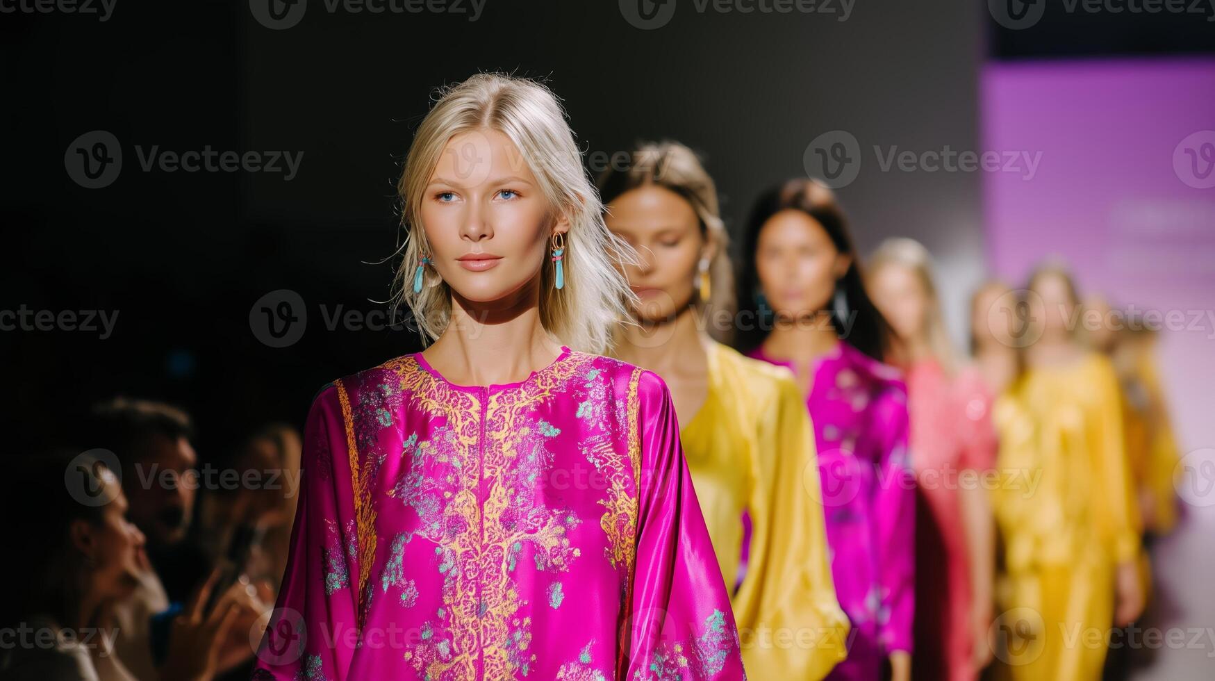 Fashion models showcase vibrant outfits on the runway during a contemporary fashion show in an urban setting photo