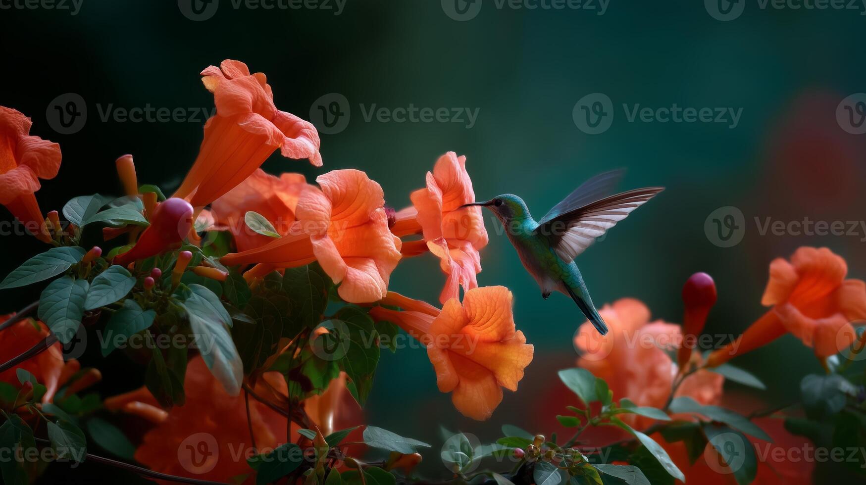 Hummingbird feeding on vibrant orange flowers in a lush garden during sunny midday photo