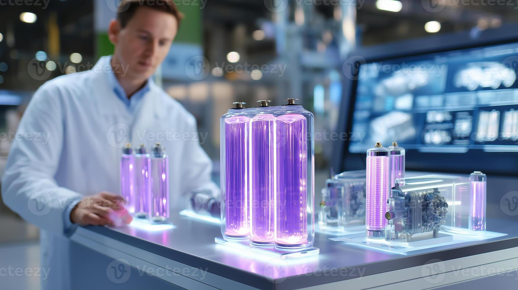 Scientist conducts research with glowing cylindrical devices in a high-tech laboratory during a daytime experiment photo