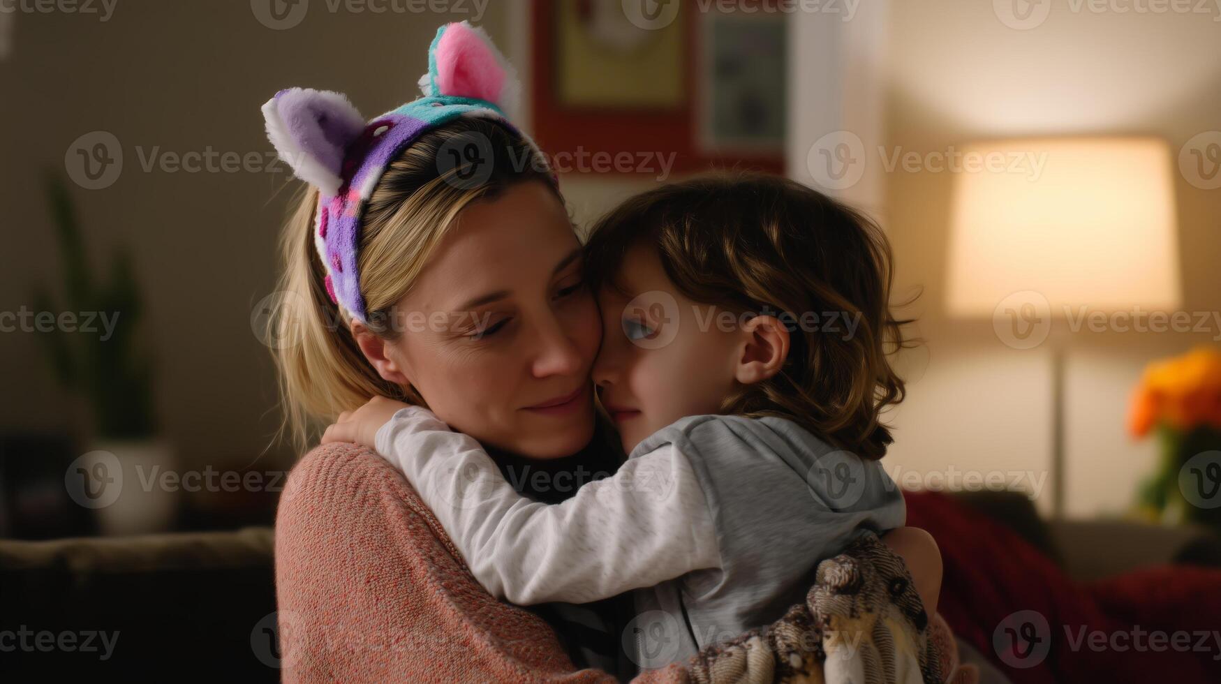 Mother and child share a warm embrace while enjoying a cozy evening at home photo
