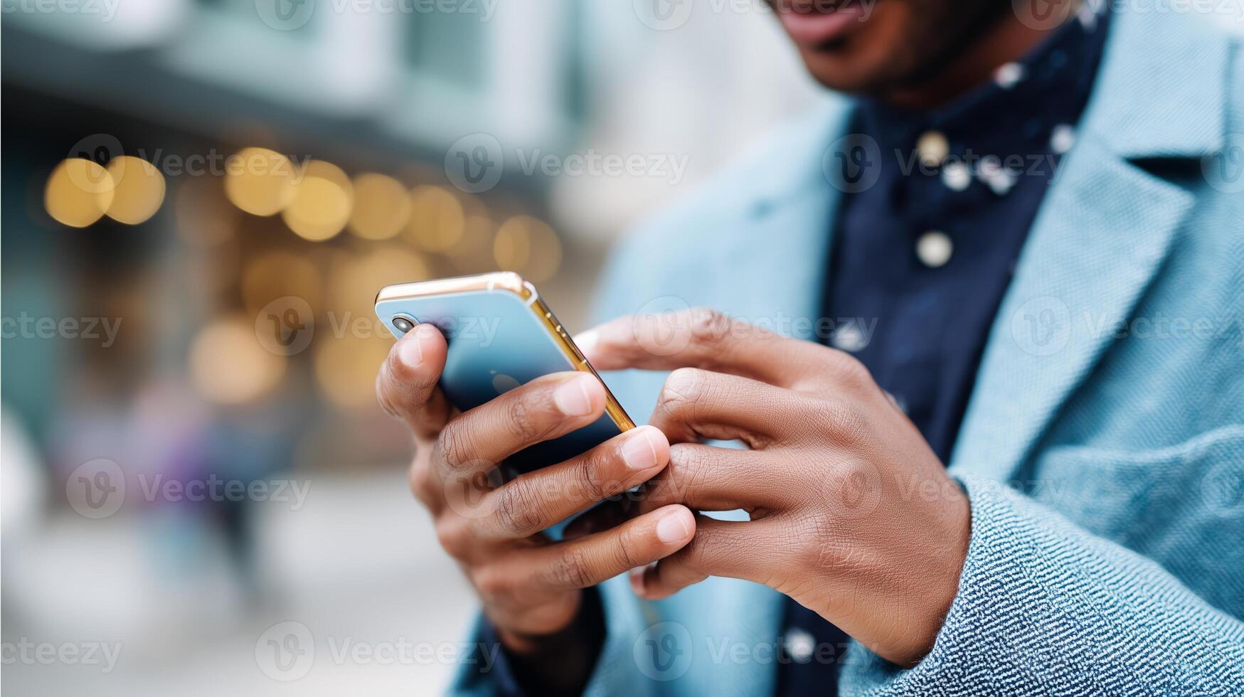 Man using smartphone outdoors in urban setting while wearing stylish blue blazer during daytime photo