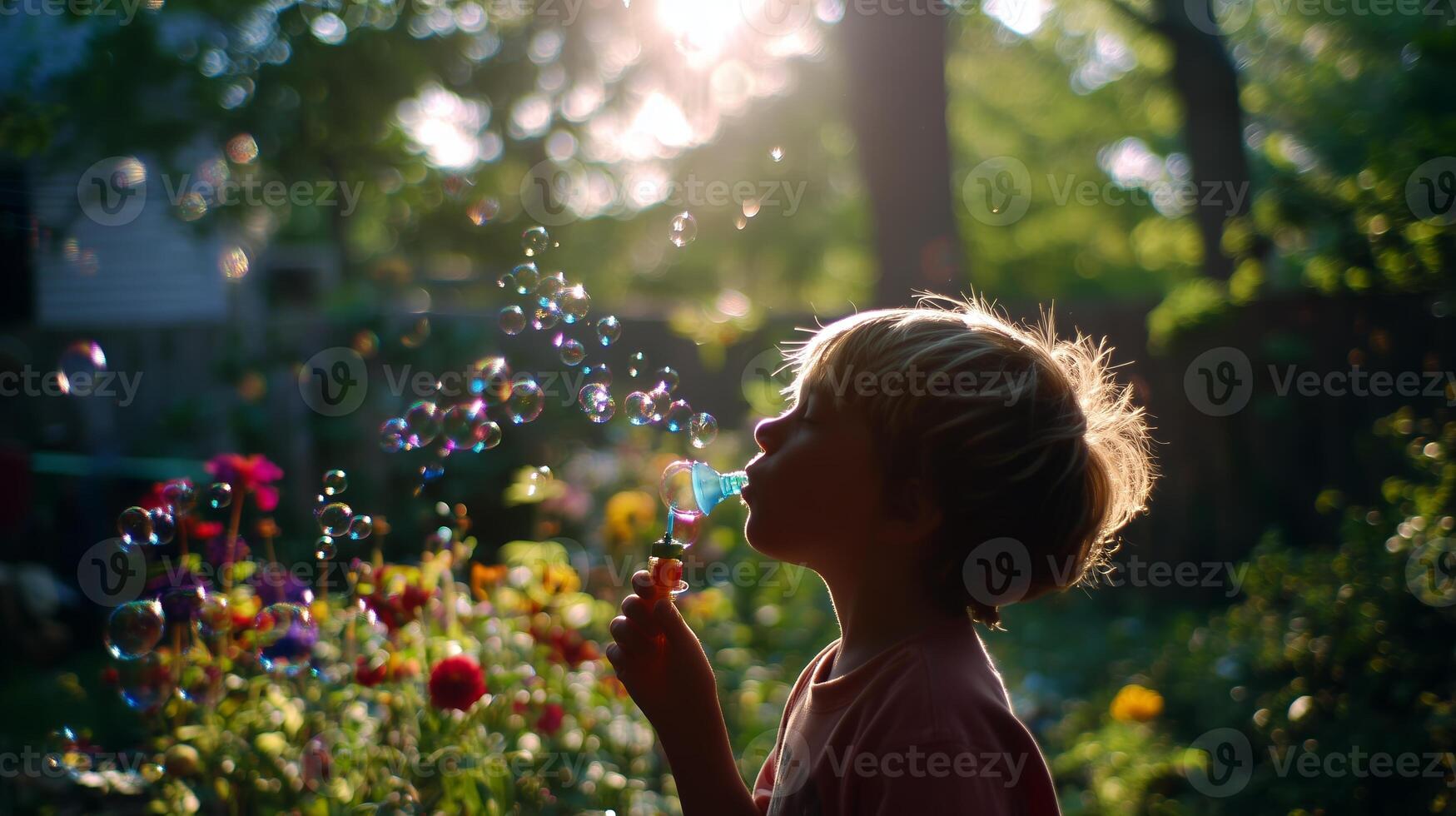 Child blowing bubbles in a vibrant garden during late afternoon sunlight photo