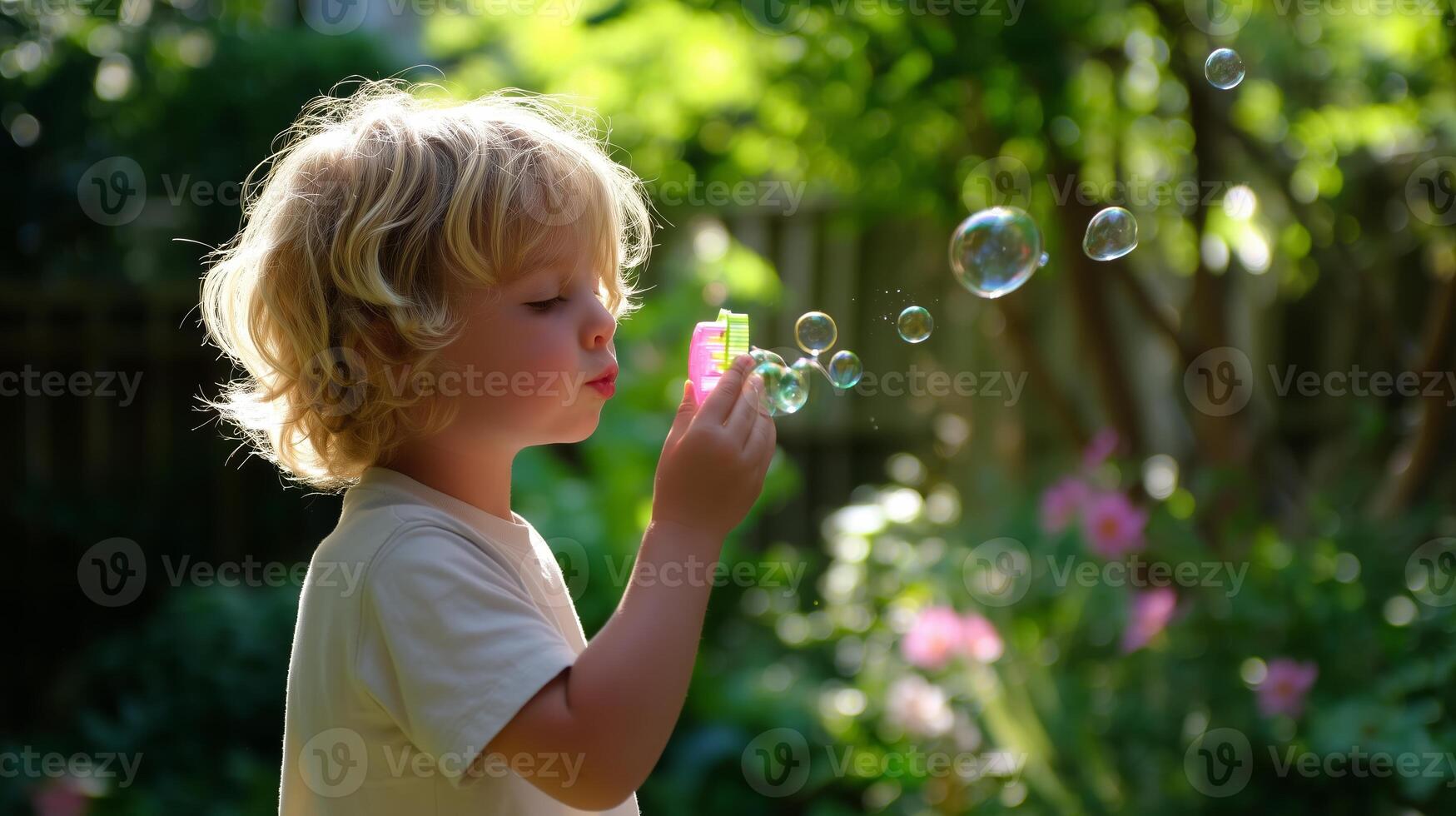 Child blowing bubbles in a vibrant garden during a sunny afternoon photo