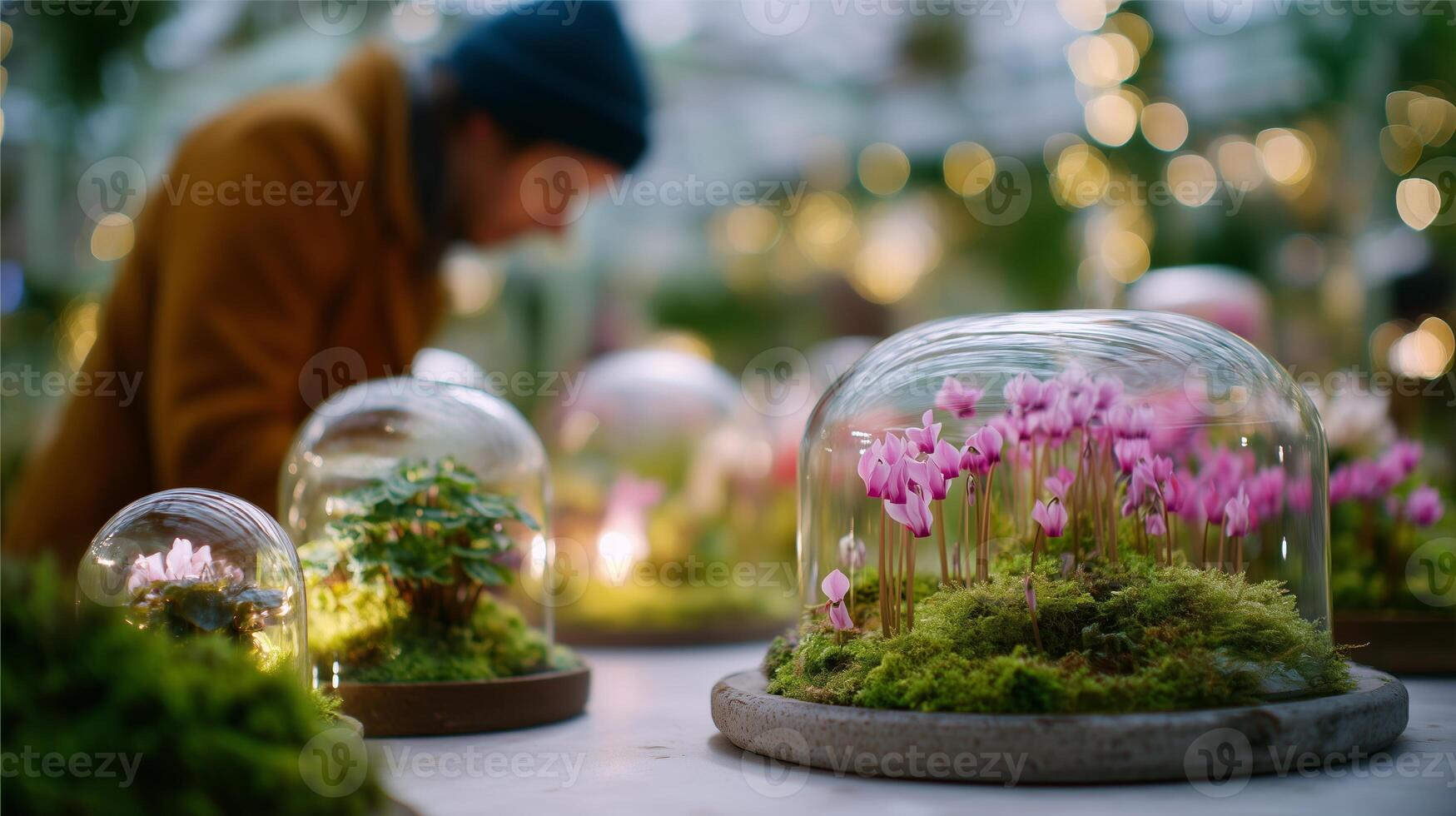 Floral displays in glass domes at a botanical exhibit with a visitor admiring the arrangement during the evening photo