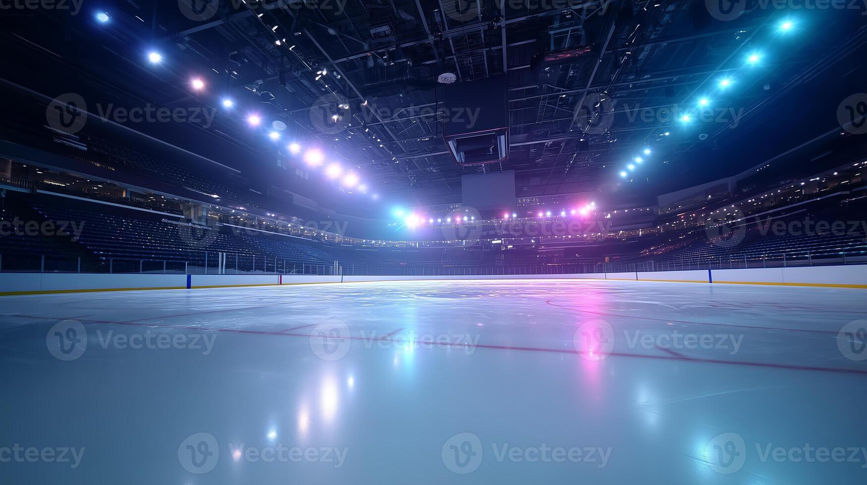 Ice rink illuminated with colorful lights ready for an exciting hockey game at the arena photo