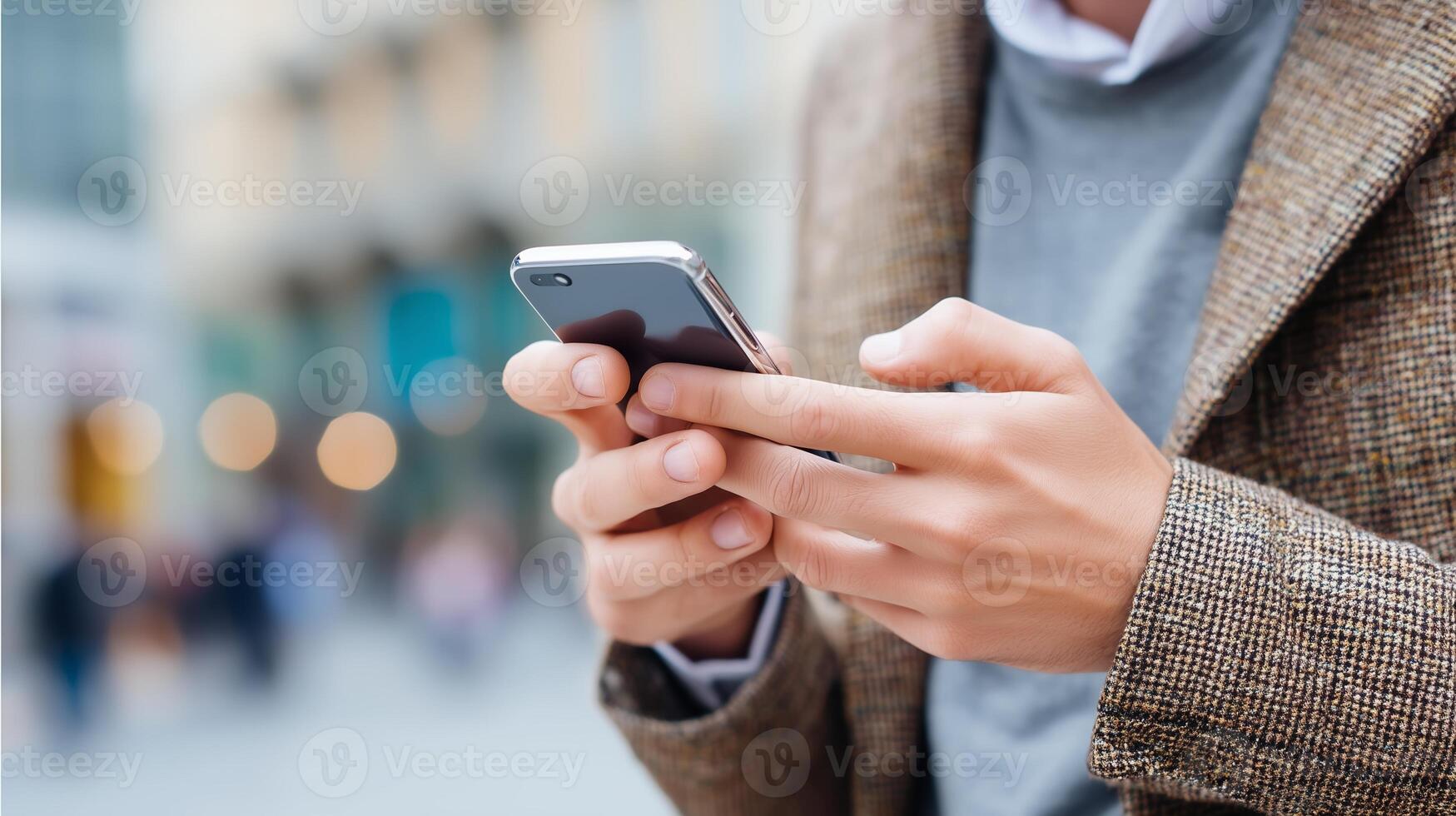 Man using smartphone in urban setting during daytime for communication and information photo