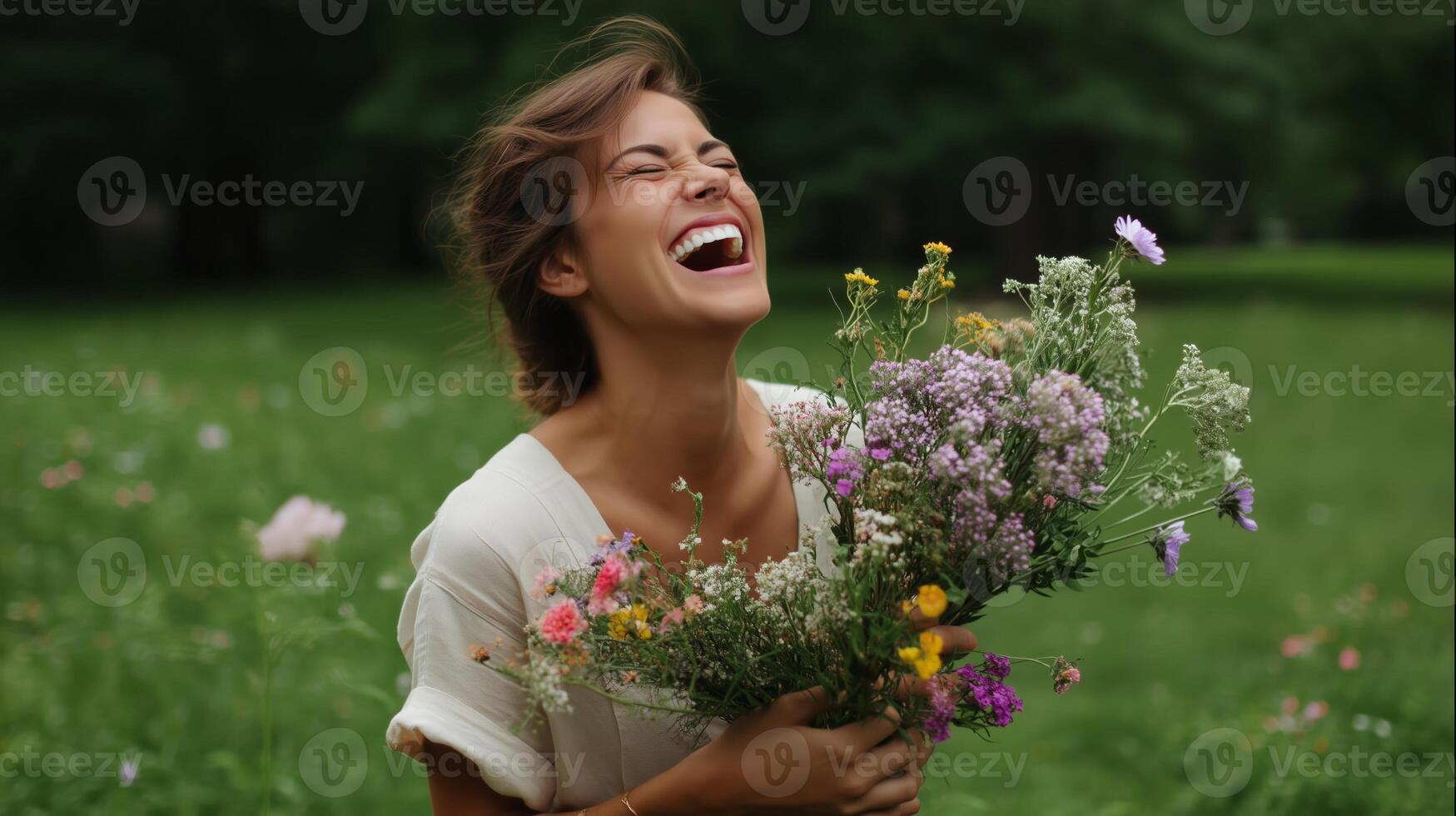 Joyful woman laughing while holding a bouquet of wildflowers in a vibrant green field on a sunny day photo
