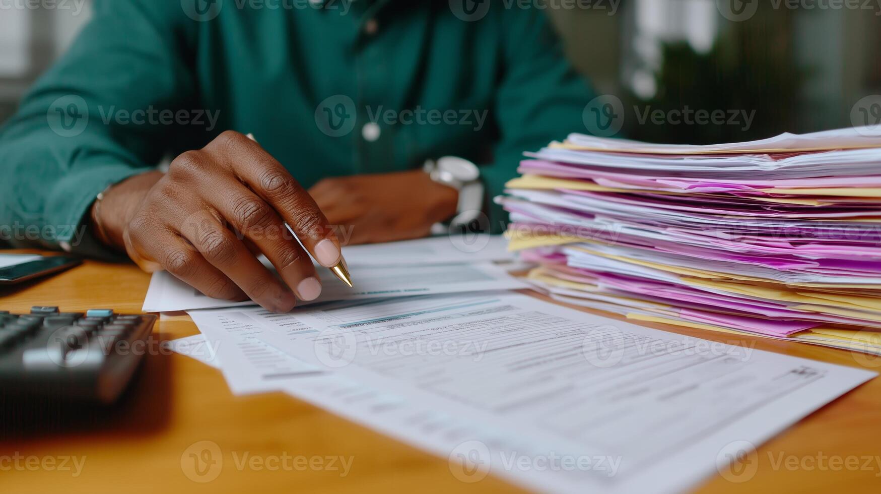 Organizing important documents and paperwork during a busy workday at an office desk photo
