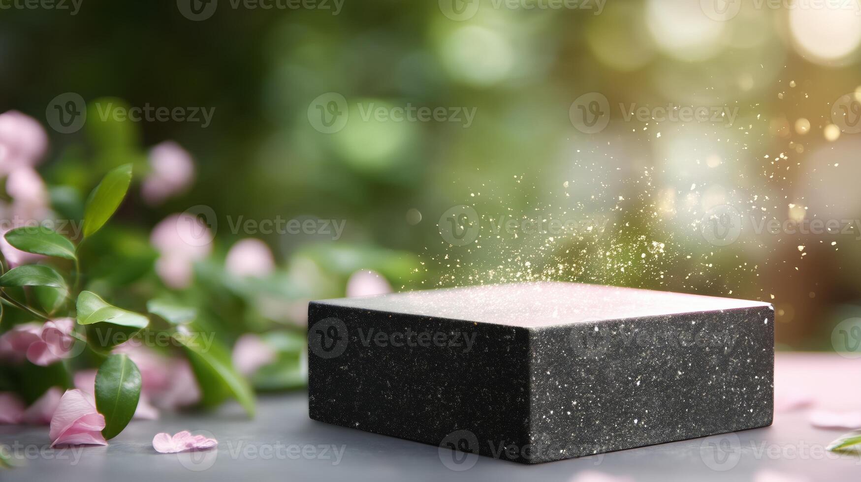 Sparkling black box surrounded by flowers and greenery creates mystical atmosphere in a serene outdoor setting photo