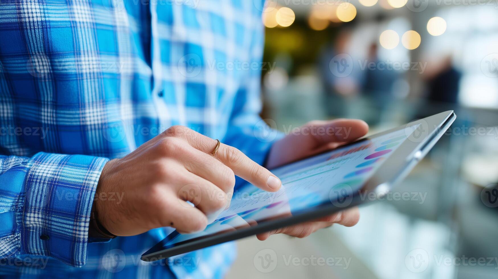 Individual using a tablet to analyze data while wearing a blue checkered shirt in a modern office setting photo