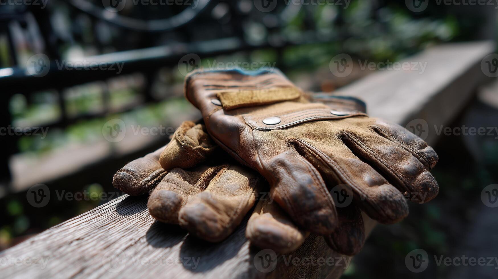 Work gloves rest on a weathered wooden bench in a lush garden setting during a sunny afternoon photo
