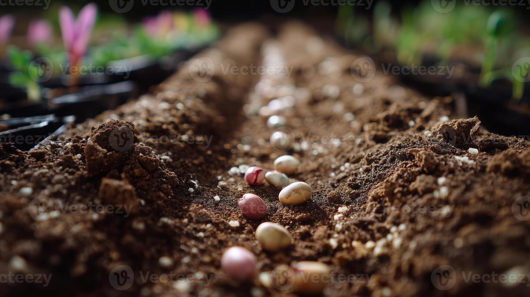 Seeds planted in the soil of a small garden during springtime for future growth and harvest photo