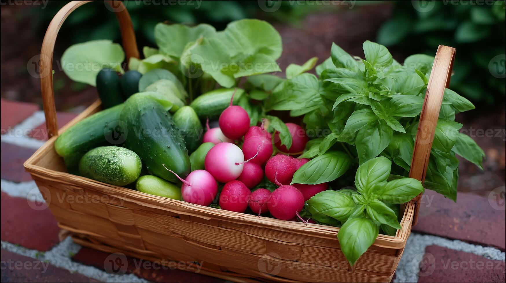 Freshly harvested vegetables and herbs displayed in a woven basket on a garden pathway in the afternoon sun photo