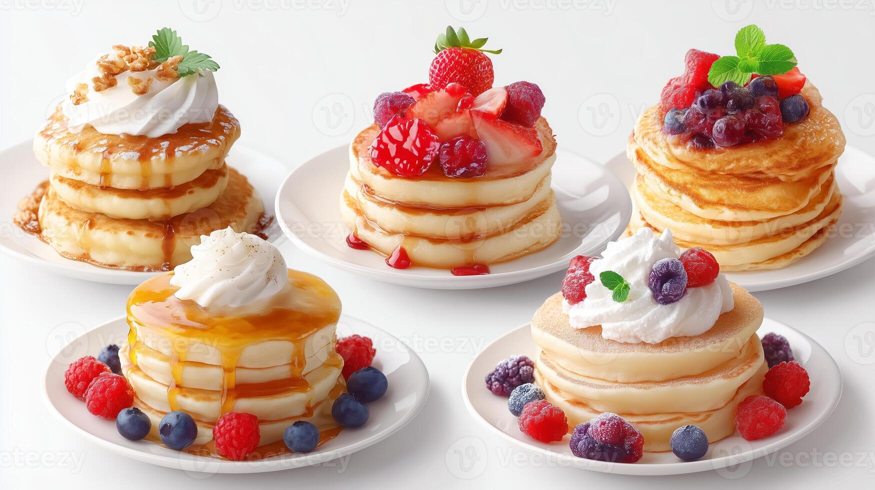 Pancake stack variety with fresh fruits and whipped cream served on white plates during a bright breakfast setting photo
