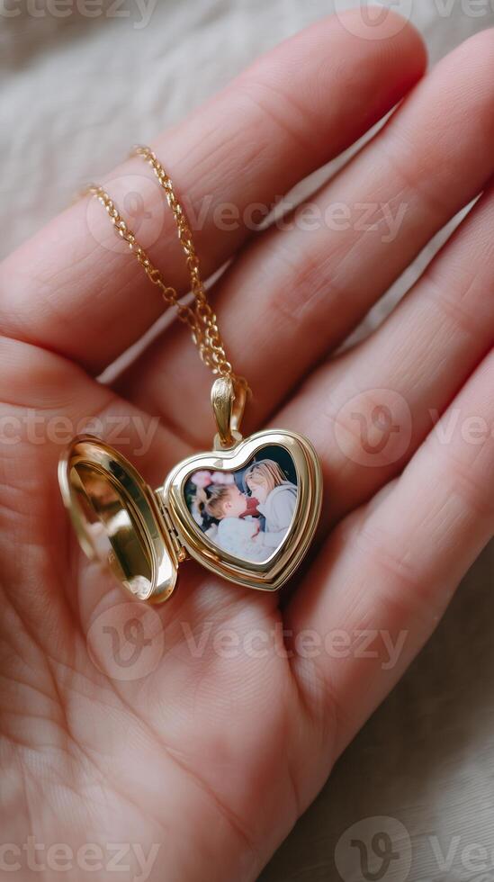 Heart-shaped locket with a cherished photo held in a hand, symbolizing love and memories shared