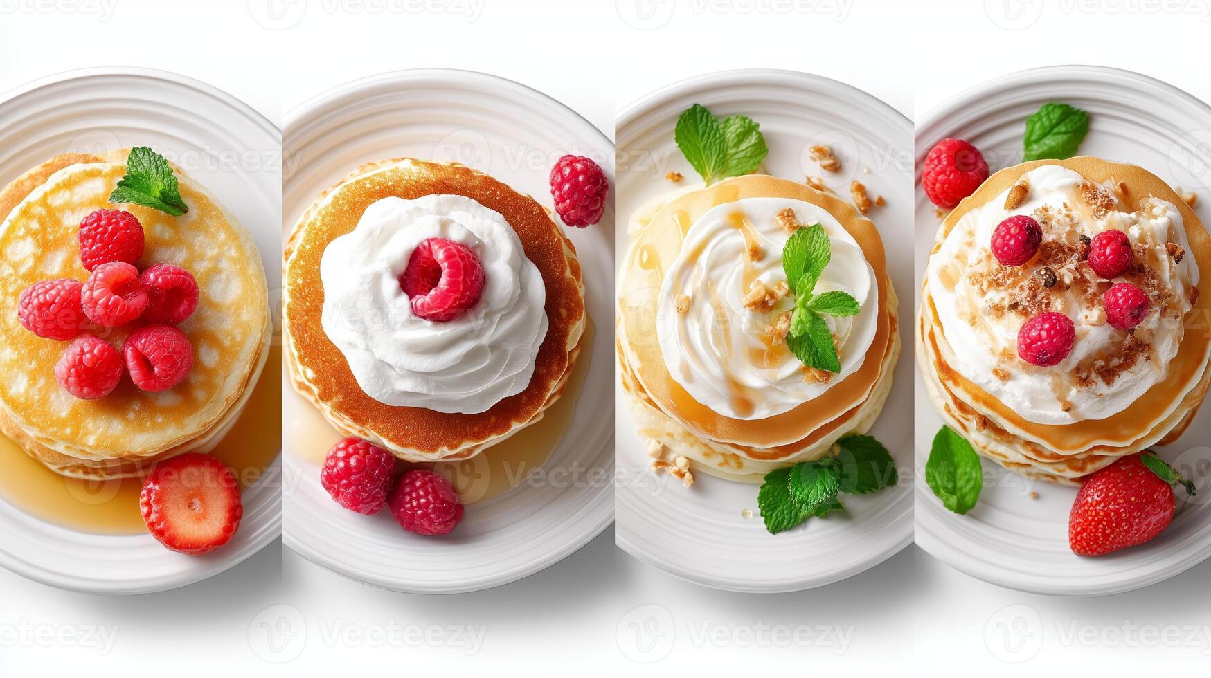 Delicious pancakes topped with fresh berries and whipped cream served on elegant plates photo