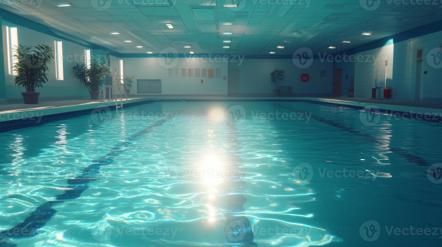 Indoor swimming pool with clear blue water and soft lighting during quiet hours photo