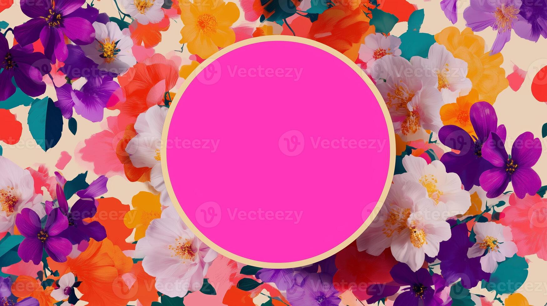 Colorful floral pattern with a blank circle in the center set against a vibrant background of assorted flowers photo