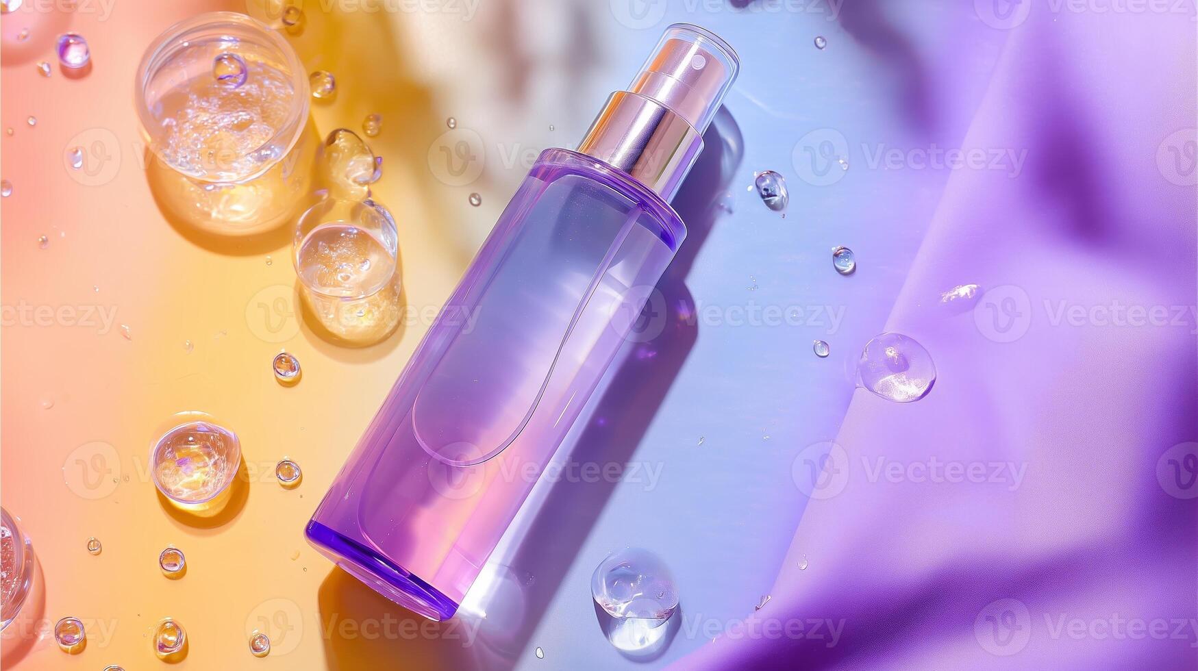Colorful cosmetic bottle with water droplets on gradient background showcasing beauty products in an artistic display photo
