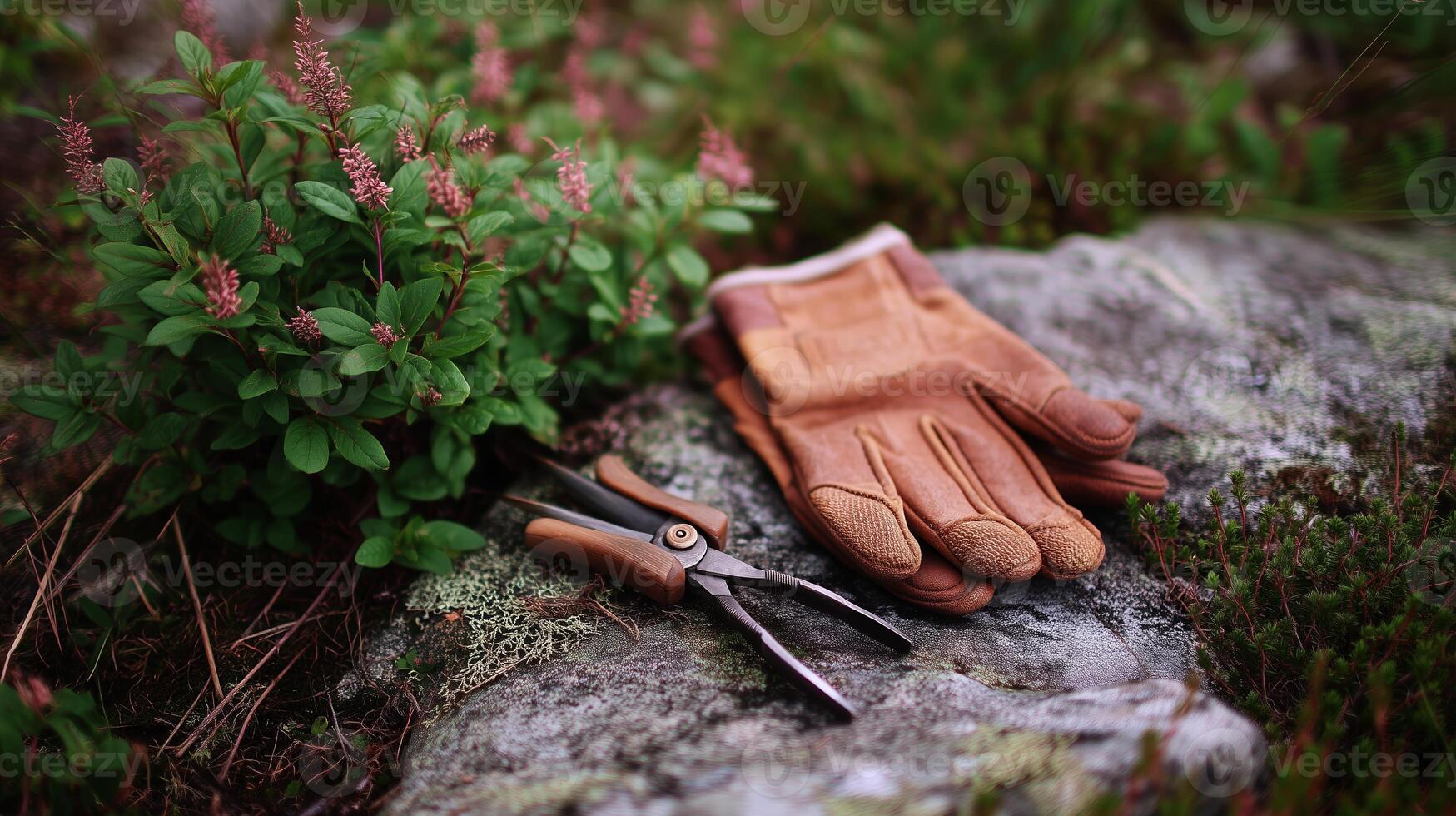 Gardening tools and gloves resting on a stone beside blooming plants in a secluded garden setting photo