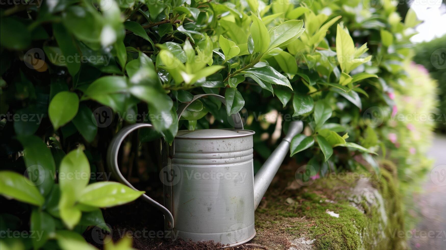 Metal watering can nestled among lush green leaves in a vibrant garden setting during daylight hours photo