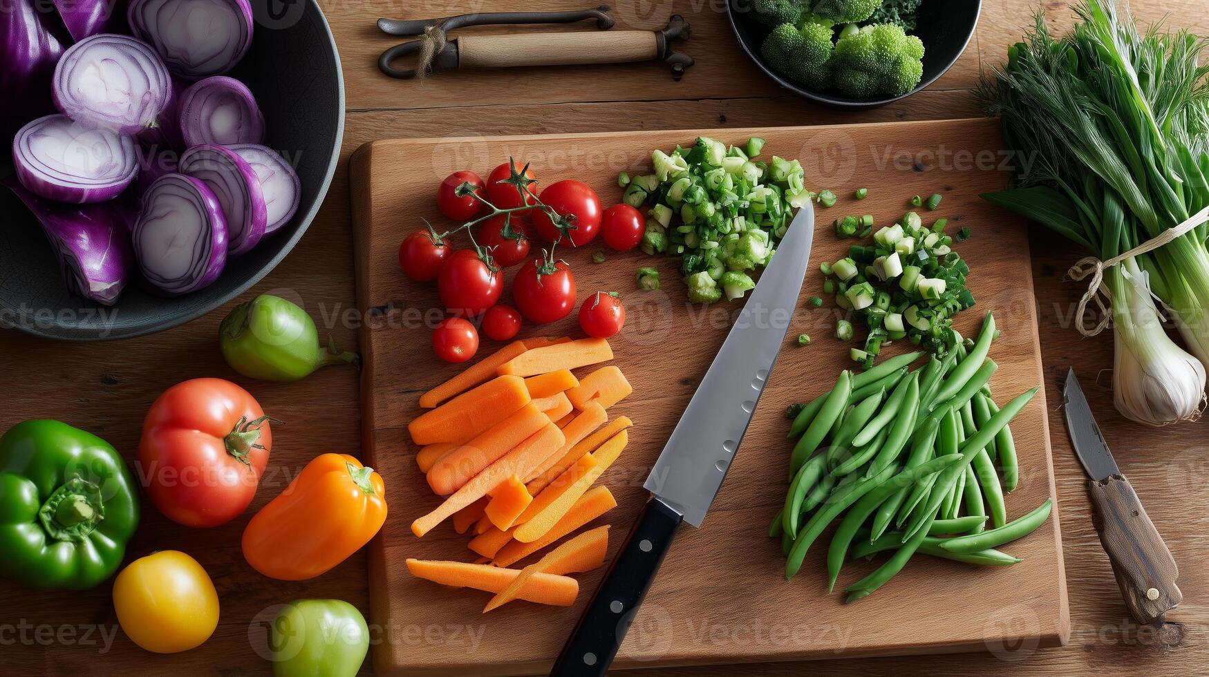 Colorful vegetables arranged on a wooden cutting board in a kitchen for meal preparation photo