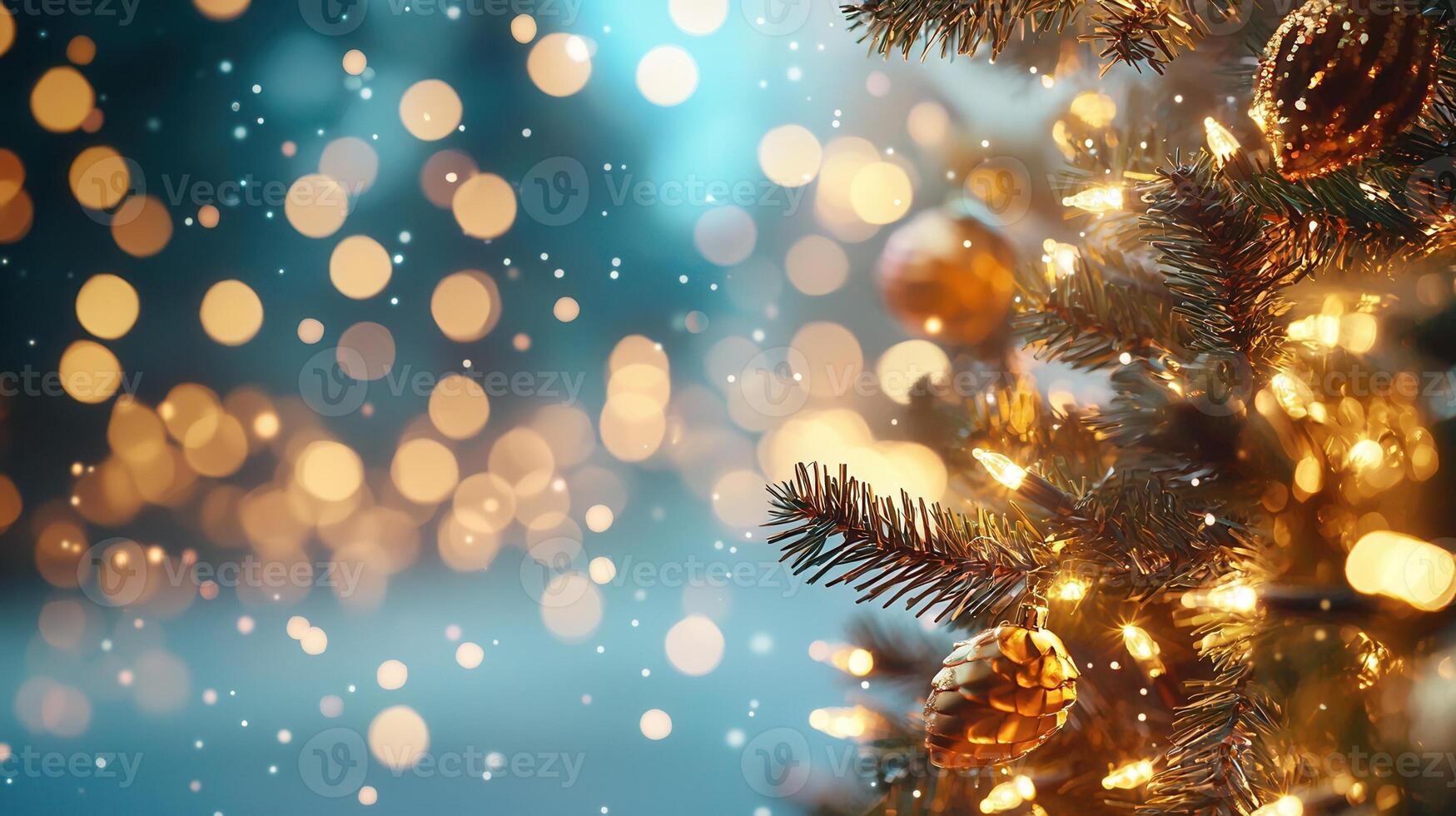 Twinkling christmas tree lights casting soft bokeh glow amid gently falling snow, revealing festive winter evening atmosphere photo