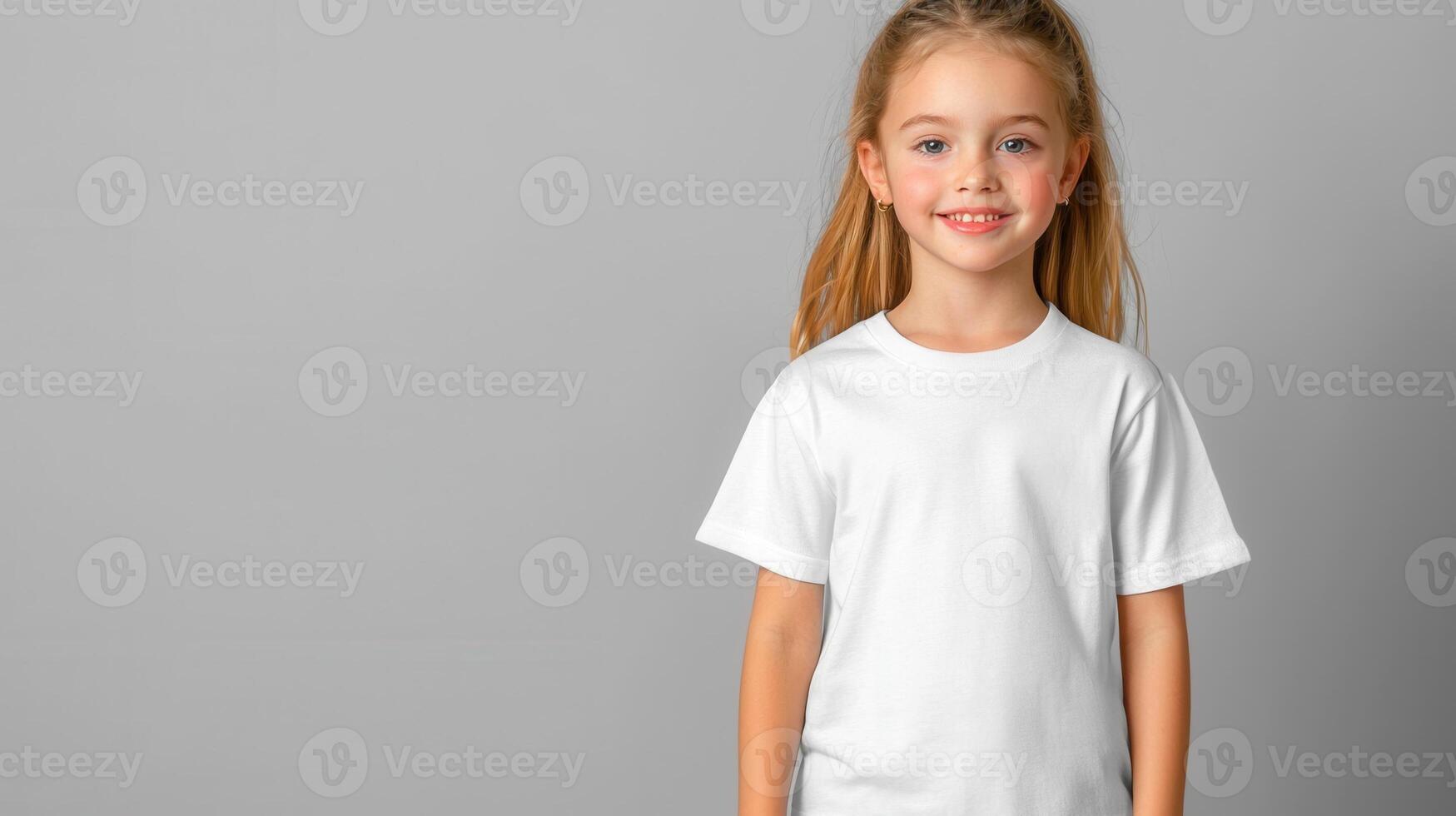 Young plain sporting girl white t shirt, studio portrait with bright smile, neutral gray backdrop highlighting clean design potential photo