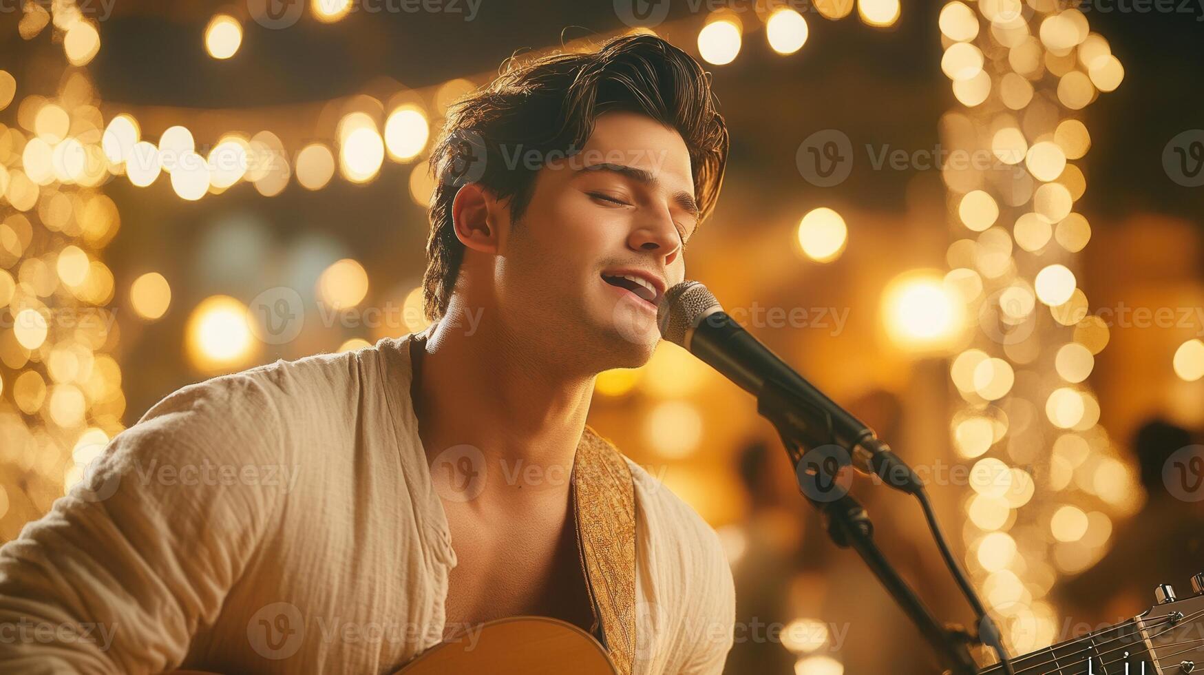 A young Caucasian man sings into a microphone on a lively background, at night. Warm lights illuminate the street creating a festive atmosphere. photo