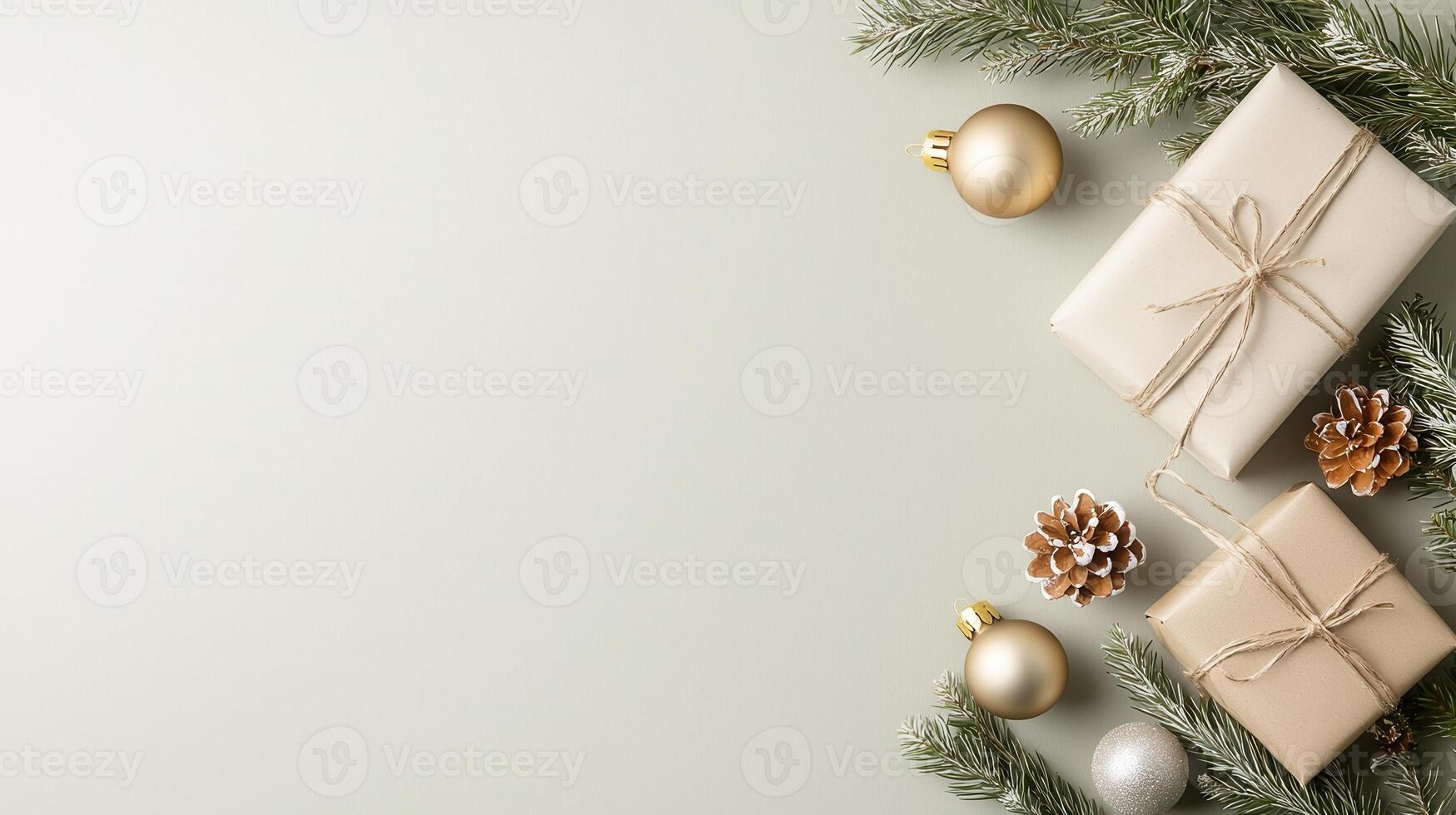 Christmas decoration creating a festive atmosphere with white arranged pine cones, and eucalyptus leaves ornaments, on a soft green background photo