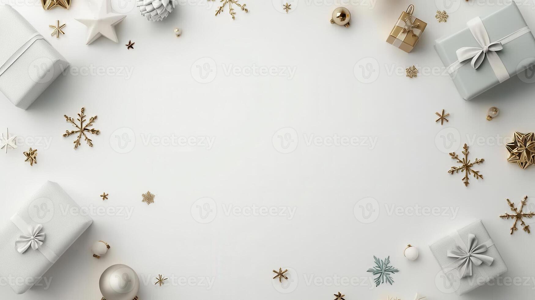 wrapped holiday frame featuring with presents, metallic ornaments, scattered snowflakes against pristine white backdrop Festive ample room for seasonal messaging photo