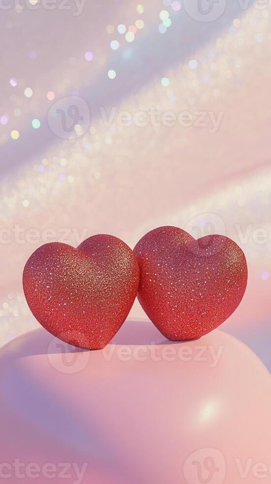 Two glittery red hearts sit closely together on a soft enhancing surface. The background features a subtle sparkle, pink the romantic theme photo