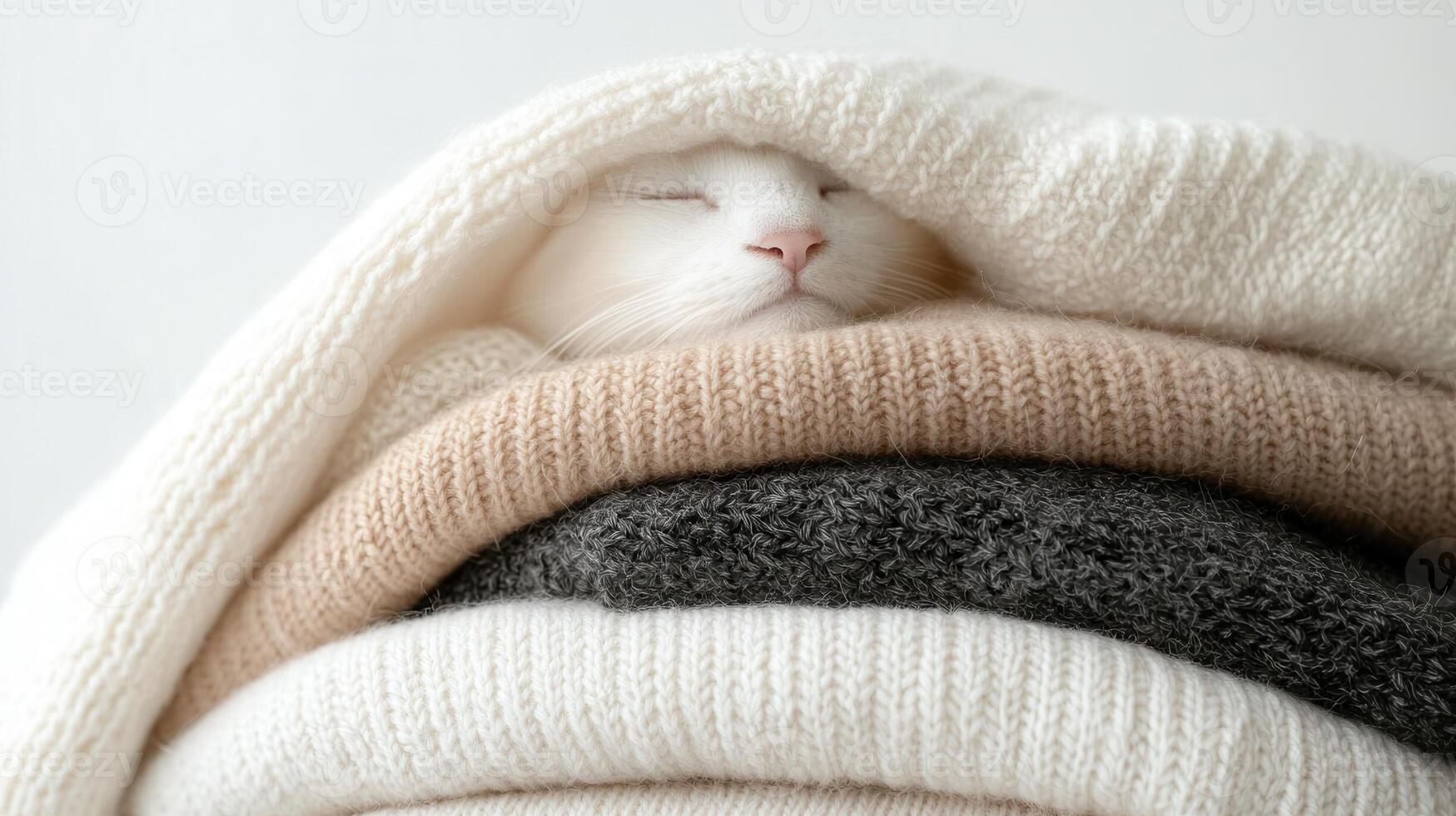 furry White cat nestling between soft knitted sweaters, relaxing in warm comfortable hiding spot photo