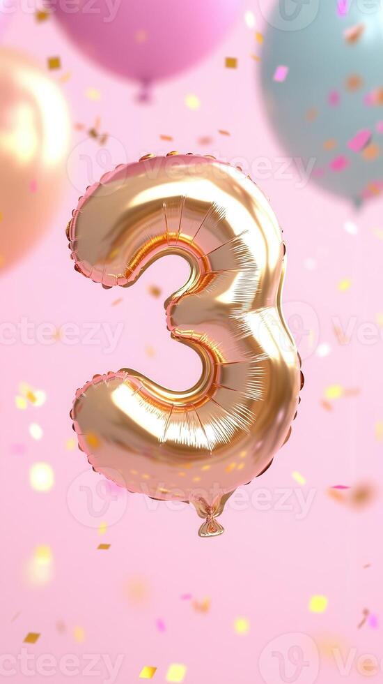 shiny gold balloon shaped like the number three floats against a pink background. Colorful balloons and confetti surround festive it, a creating atmosphere photo