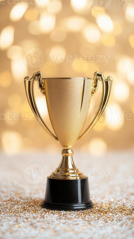 A shiny gold trophy with a trophy's base sits on a smooth surface. The background is a warm beige color, black the enhancing gleam. Coins are scattered around the base. photo