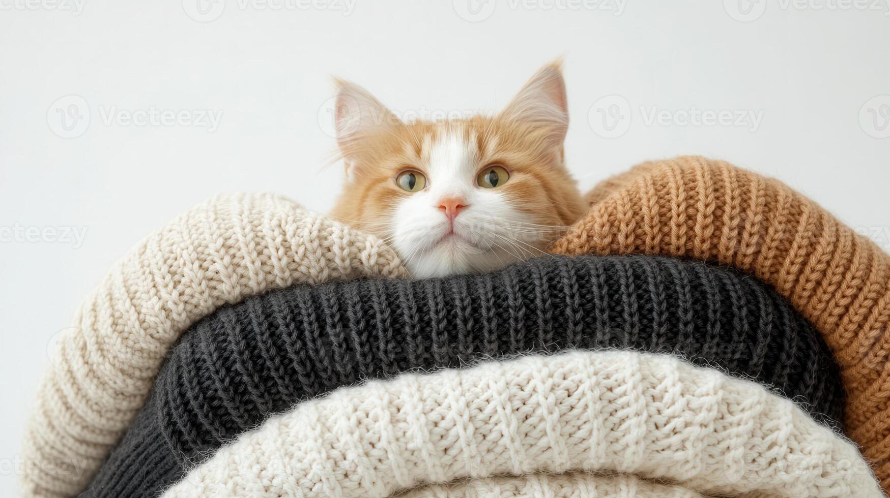 White furry cat nestling in soft knitted sweaters, relaxing hiding warm comfortable between spot photo