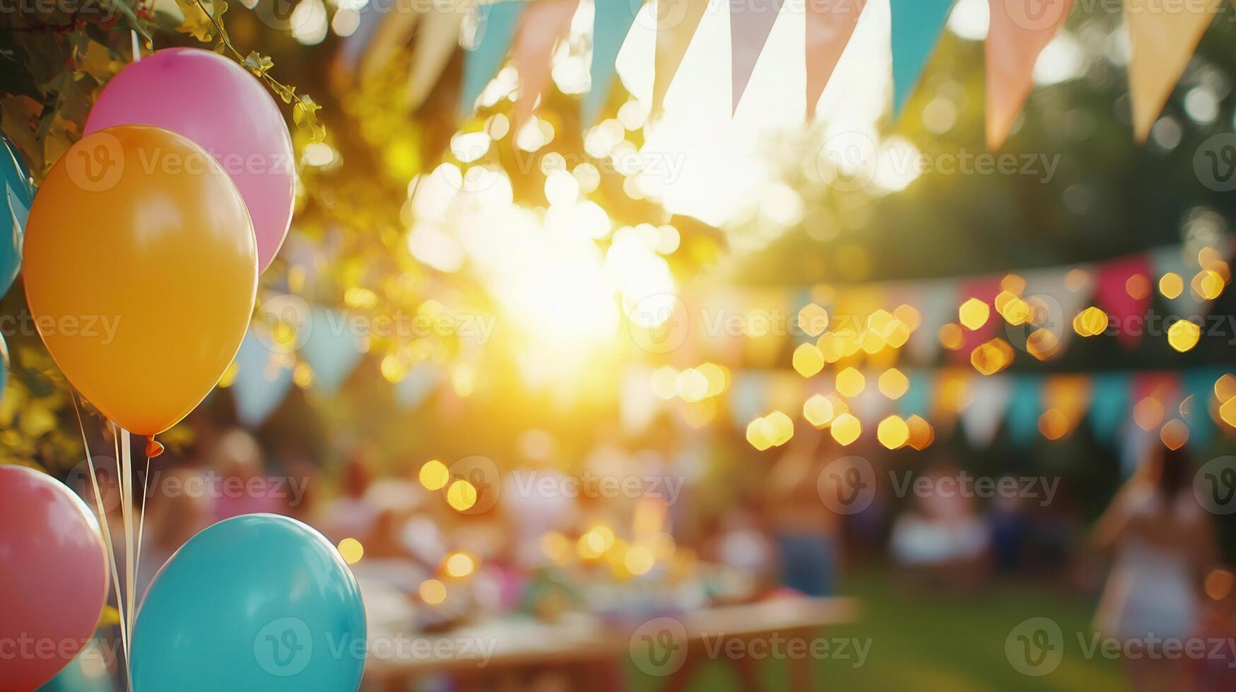 Festive summer gathering with colorful decorations, by lights, refreshments, twinkling party background illuminated blurred golden sunset glow photo