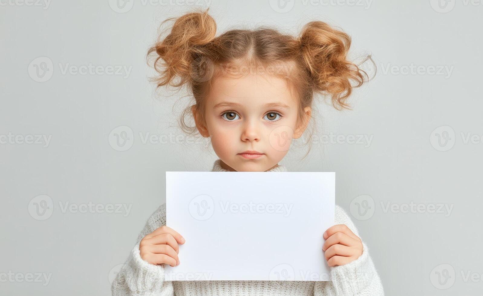 Cheerful young woman gripping happiness white paper, beaming with empty against neutral studio backdrop, embodying youthful optimism photo