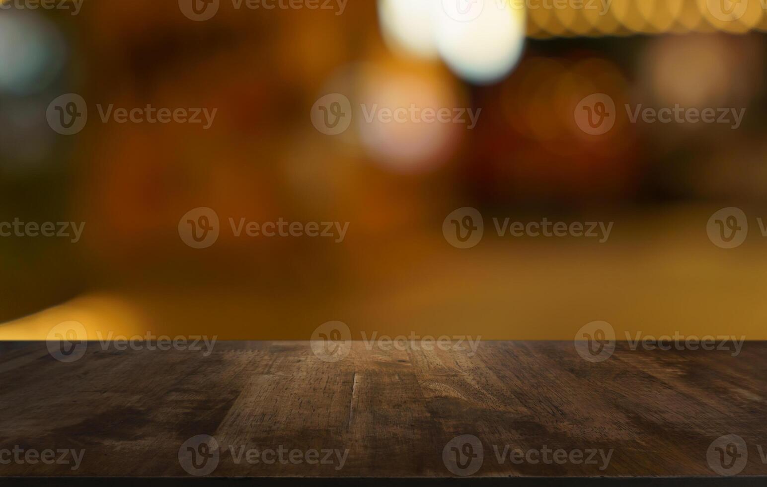 wood table blur of restaurant background selective focus product display photo