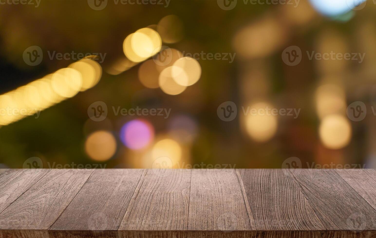 wood table and blur of restaurant background selective focus product display photo
